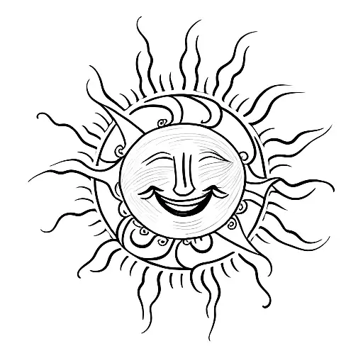 A Whimsical Minimalist Tattoo Of A Sun With A Smiling Face And Beach Umbrella