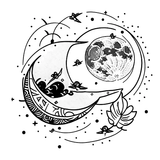 Moon With Tiny Hummingbirds Fly Around It