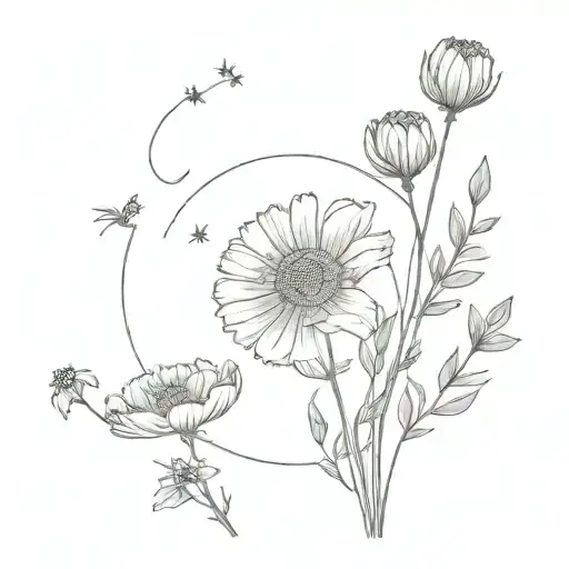 Marigold And Cosmos Flowers With Moon