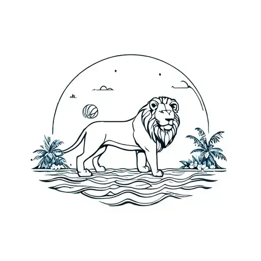 A Lion Over An Ocean With Palm Trees And Flowers Surrounding