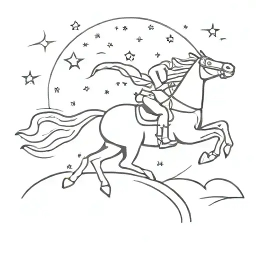 A Minimalist Design Of A Cowboy Riding A Horse Under A Starry Night Sky