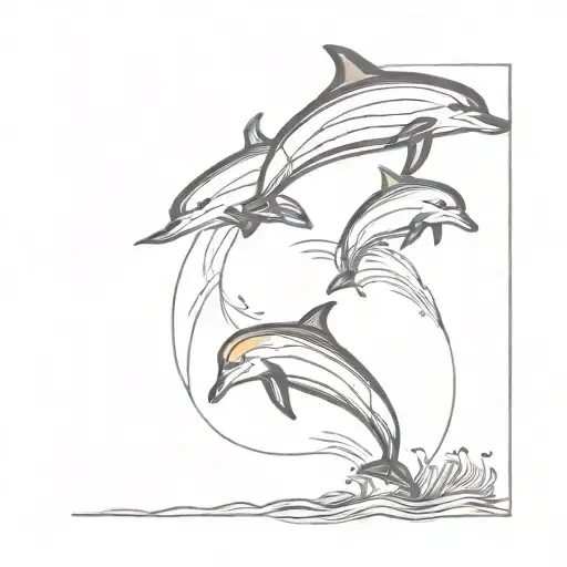 Family Dolphins Jumping With Sunset Background In The Middle Of Triagle Of Ocean Around The World