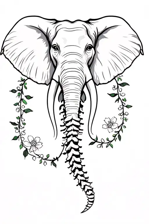 Spine Tattoo Featuring Elephant Head And Flowers With Vines Connecting Them