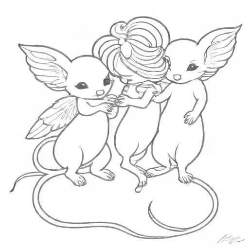 Tattoo Sketch Black And White Curly Mice Angels