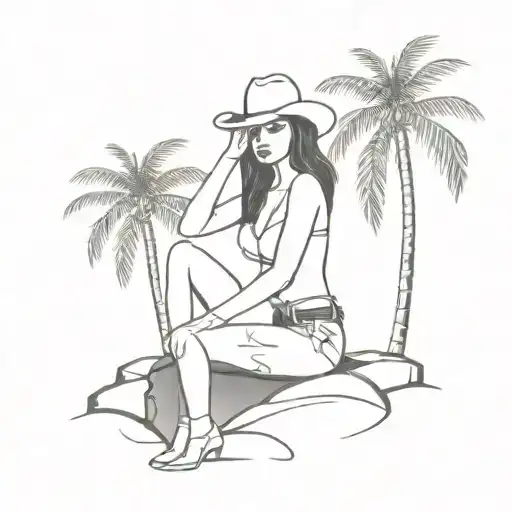 Sexy Semi Nude Petite Cowgirl Sitting On A Rock On A Beach With Palm Trees