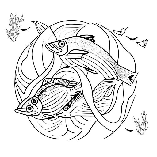 Lone Line With Honeysuckle Flowers And Two Fish In The Center