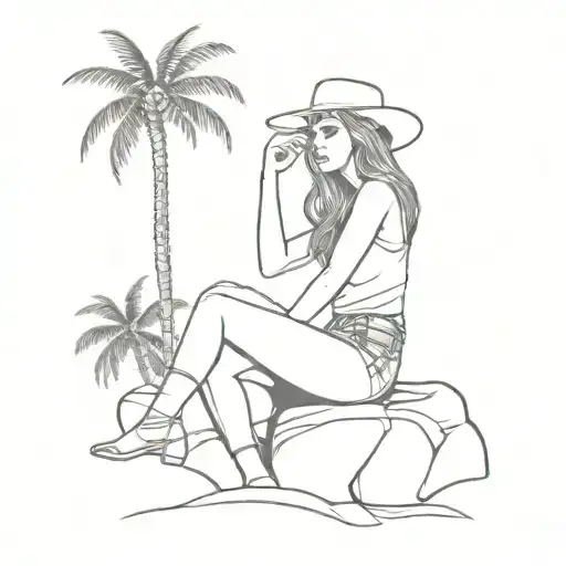 Sexy Semi Nude Petite Cowgirl Sitting On Rock On A Beach With Legs Crossed With Palm Trees