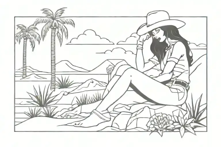 Sexy Cowgirl Sitting On Rock On Beach With Palm Trees And A Floweringcactus