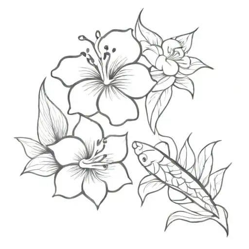 Hibuscus Flowers And Koi Fish Twins