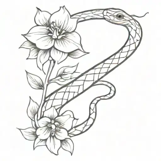Snake And Flowers Tattoo Sketch Black And White