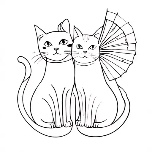 Two Cats One Black And One White Holding A Fan