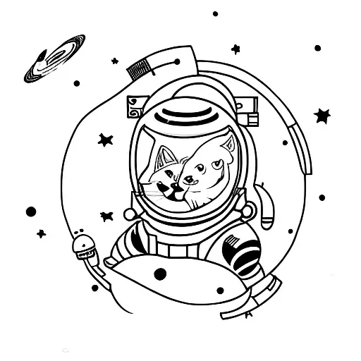 A Minimalist Tattoo Of A Funny Cat Wearing A Space Helmet Floating Among Planets And Stars