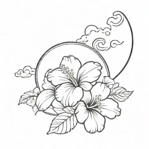 Crescent Moon With Hibiscus Flower And Clouds Surrounding