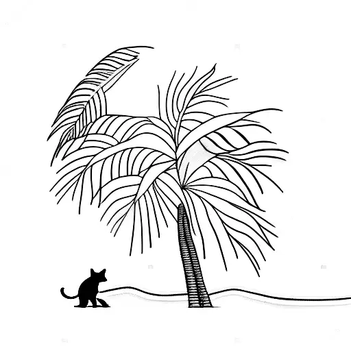 A Minimalist Tattoo Of A Dog And A Cat Playing Together On A Beach With Palm Trees In The Background