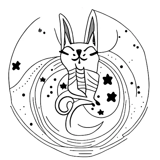 A Minimalist Tattoo Of A Cat Sitting On A Crescent Moon Surrounded By Stars