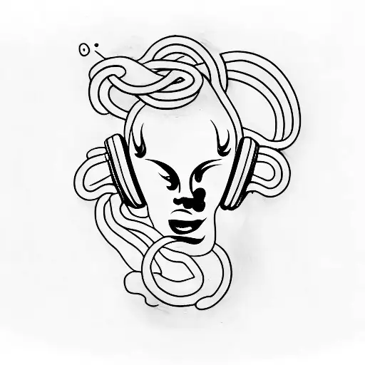 A Minimalist Tattoo Of A Medusa Head Wearing Headphones