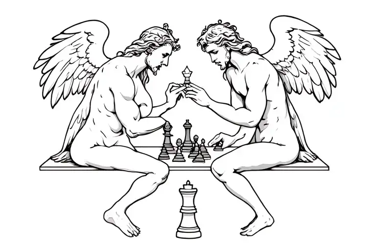 Angel And Demon Playing Chess Sitting Down