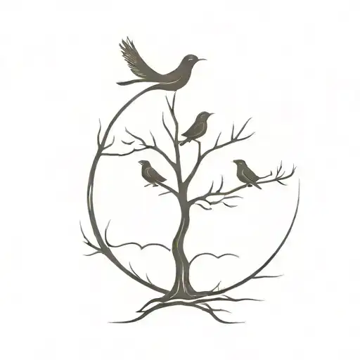 Half Tree With Three Birds Coming Out And The Other Half Is A Half Circle Made Up Of 5 Names