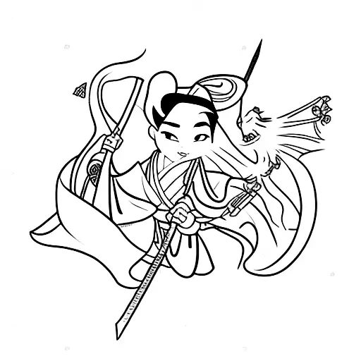 Mulan Holing A Sword Surrounded By Cherry Blossoms With Dragon