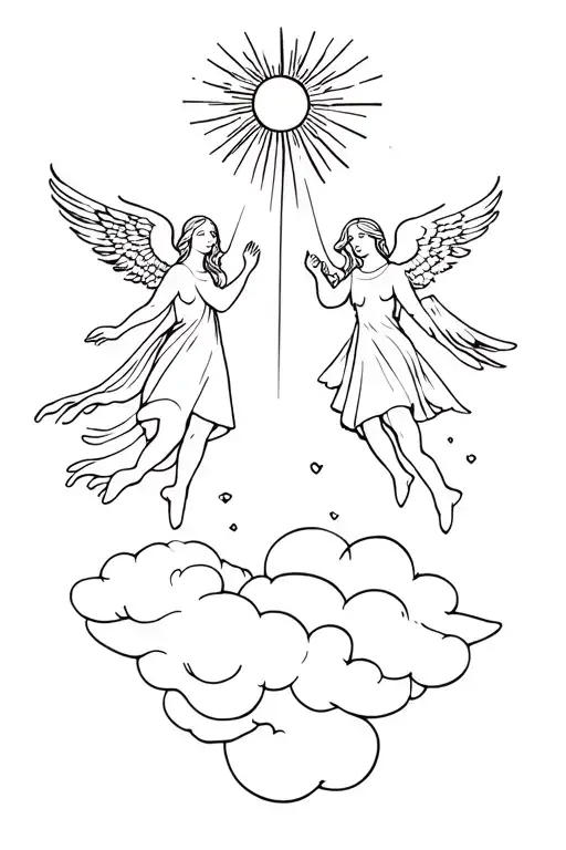 Three Angels In Heavenly Clouds With Sun Beam Cutting