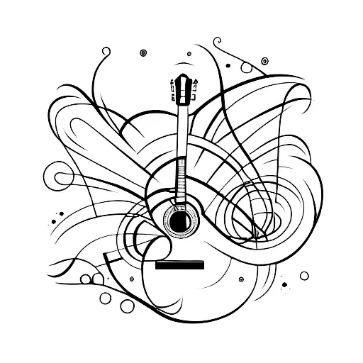 A Minimalist Tattoo Of A Classical Guitar Surrounded By Cosmic Sounds
