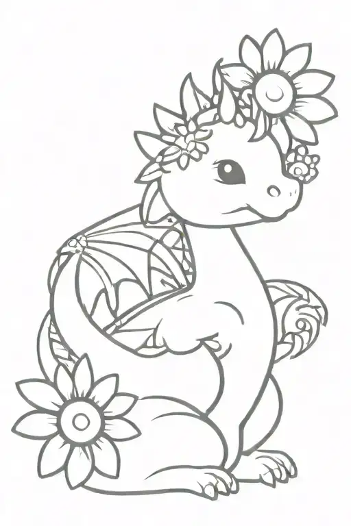 Baby Dragon With Daisy Crown Surrounded