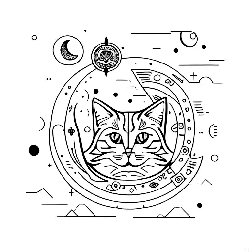 A Cat Sitting On A Crescent Moon With The Zodiac Symbol For Cancer Incorporated Into The Design