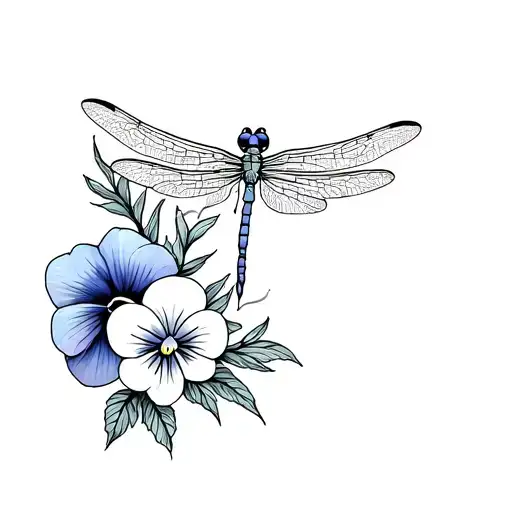 Lineart Of A Dragonfly With Pansy Flowers