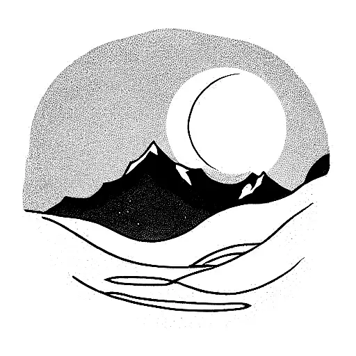 Crescent Moon On Its Side With Mountain And See Within It