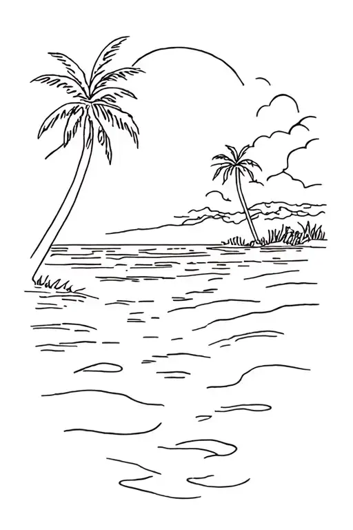 Drawing Of Beach Scene With Palm