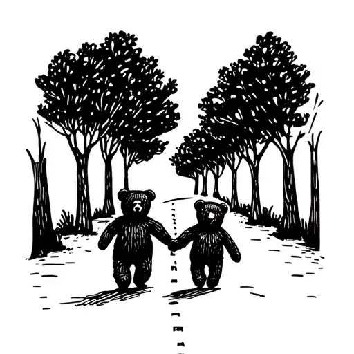 Two Teddy Bears Holding Hands Walking Down The Middle Of The Road Of A Tree Lined Street