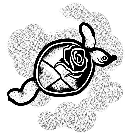 Turtle With A Rose In Its Mouth And Halo And Angel Wings Laying In The Clouds