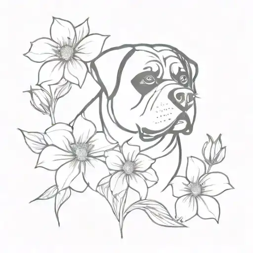 Rottweiler With Morning Glory And Aster Flowers