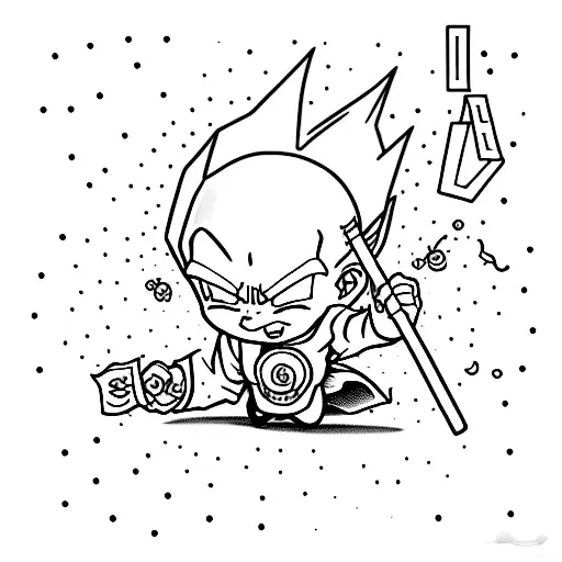 A Finance-themed Tattoo Featuring A Dragon Ball Z Character Managing Money In A Dotwork Style