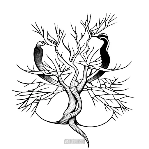M C Escher Style Of Tree And Interlocking Crane Birds Minimalist Black And White With Kitsune