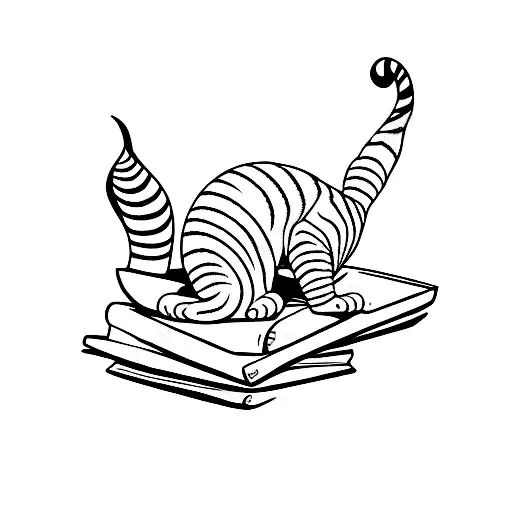 A Minimalist Tattoo Of A Cat Curled Up On Top Of A Stack Of Books