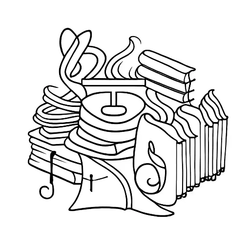 A Minimalist Tattoo Of Books And A Cat And Music And A Quill And Coffee