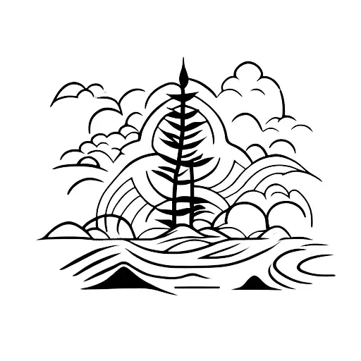 A Minimalist Tattoo Of A Tranquil River Flowing Through A Mystical Forest