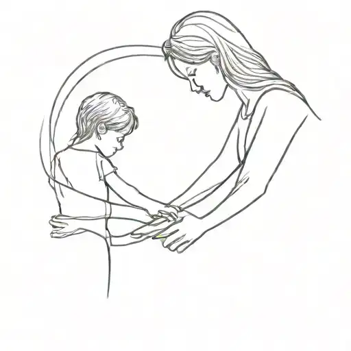 Mom And Son Holding Hands Looking At Sunset Far Away