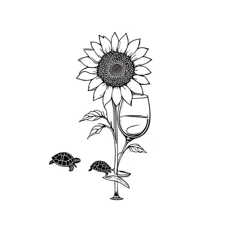Sunflower And Turtle And Glass Of Wine Glass