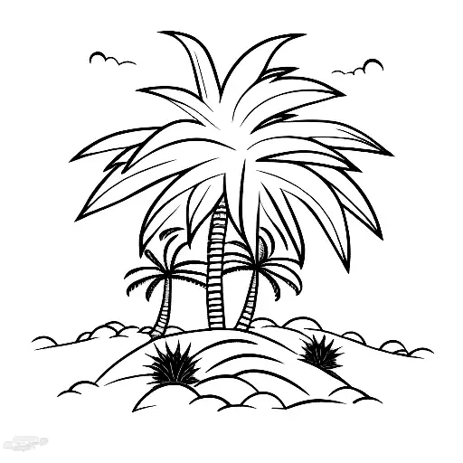 A Minimalist Tattoo Of An Ox Resting Under A Palm Tree On A Serene Island