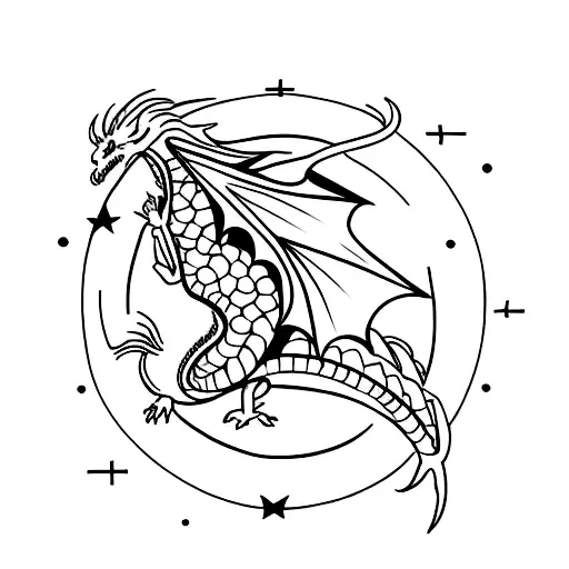 A Minimalist Tattoo Of A Dragon Flying Over A Starry Sky