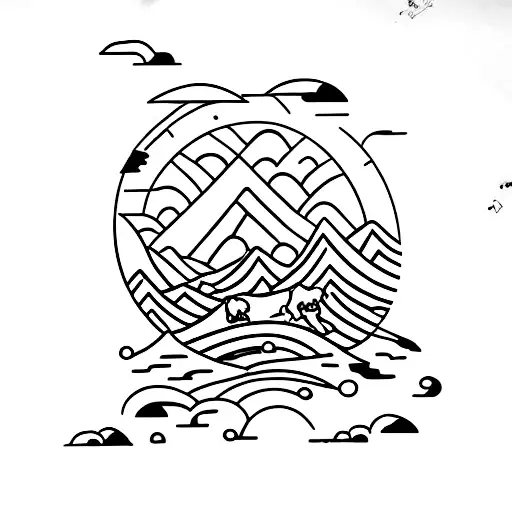 Waves Interwinding With Mountains With A Dog And A Blue Fighter Fish