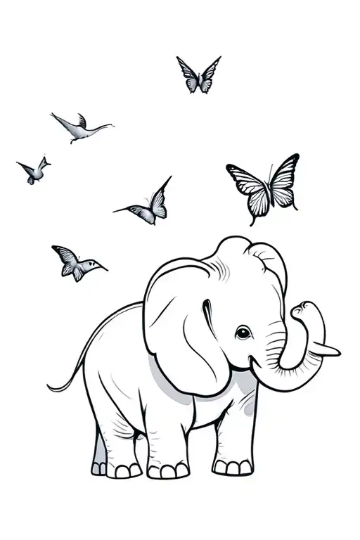 Baby Elephant Surrounded By Butterflies And Hummingbird