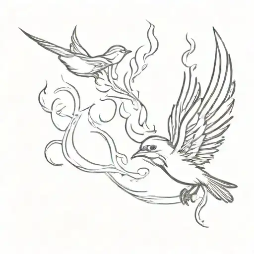 Girly Drawing Of Fire Flames With Sparrow Flying