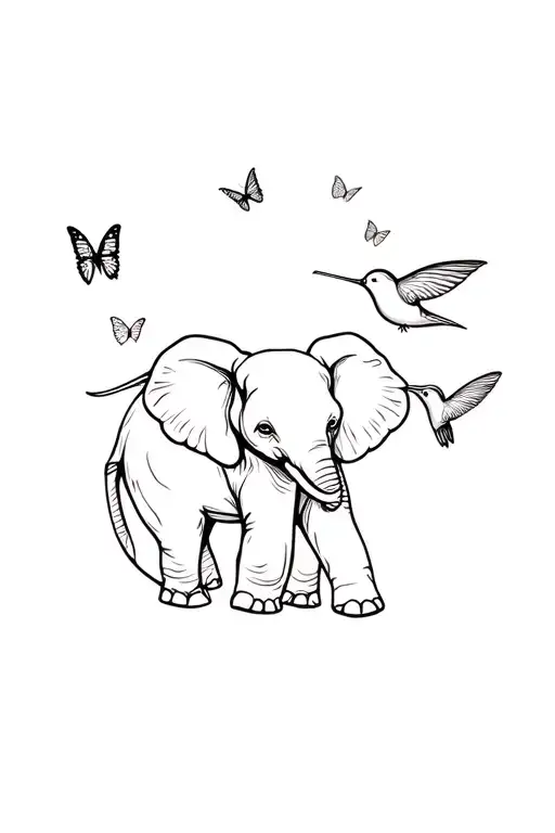 Elephant Surrounded By Butterflies And Hummingbird