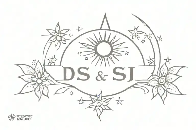 Horizontal Tatoo Of Rising Sun With The Word Dsj And Stars Arround Along With Clover Leaf