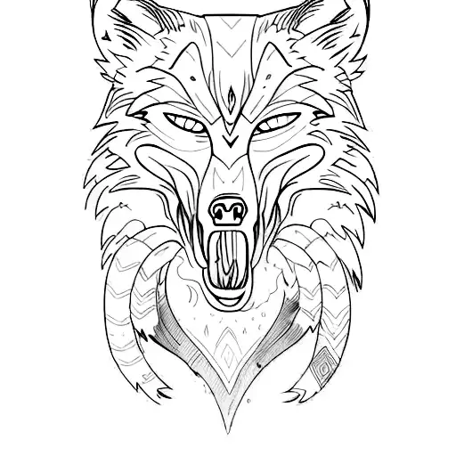 Combine The Elements Of A Wolf And A Skull In A Blackwork Style