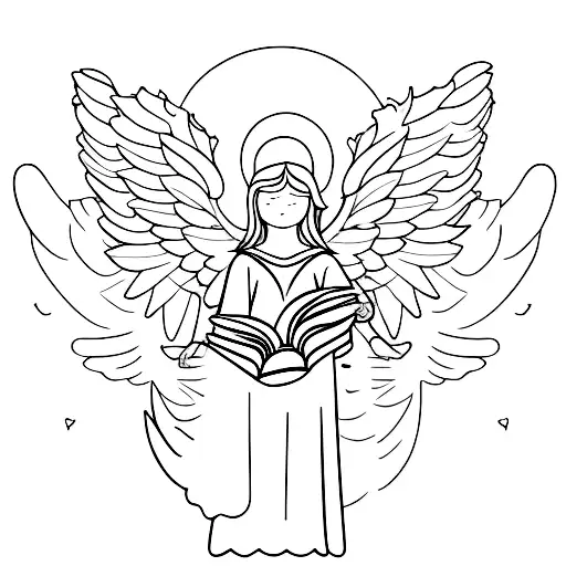 A Minimalist Tattoo Of An Angel Holding A Book Of Wisdom