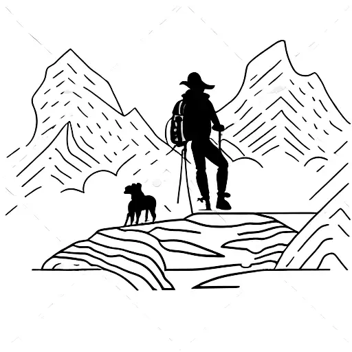 A Silhouette Of A Hiker With A Dog On A Mountain Peak